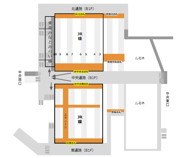 横浜駅乗り換え地図（JRから東横）