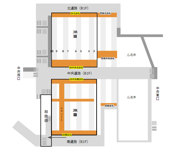 横浜駅乗り換え地図（JR線から相鉄線）