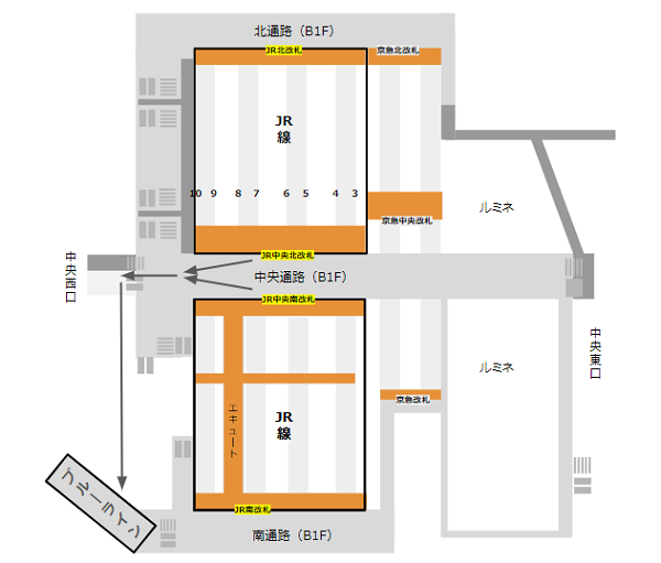 横浜駅乗り換え地図（JRから地下鉄ブルーライン）