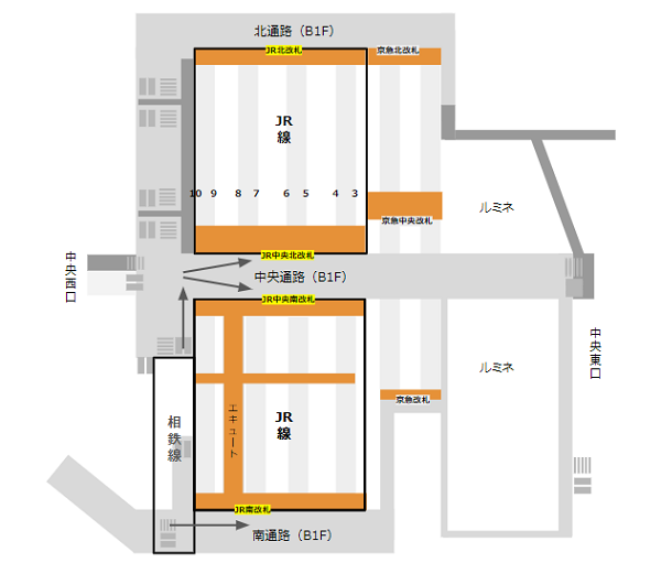 横浜駅乗り換え地図-相鉄線からJR線へ
