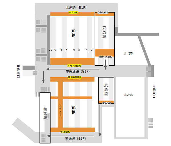 横浜駅乗り換え地図（京急線から相鉄線）