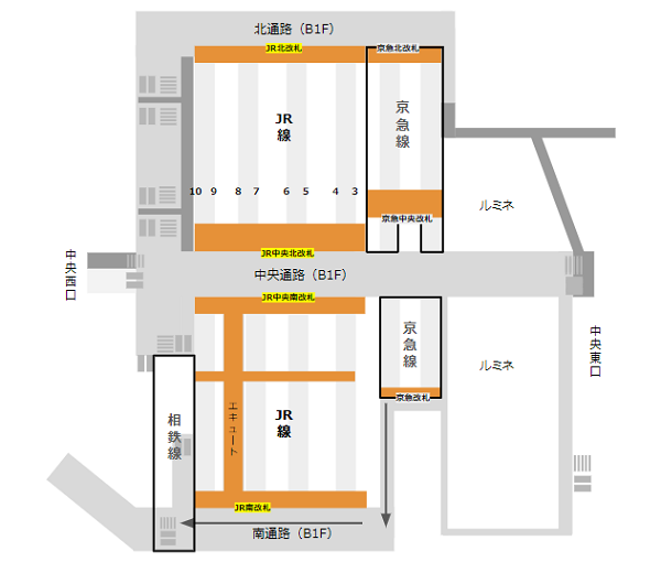 横浜駅乗り換え地図（京急線から相鉄線）