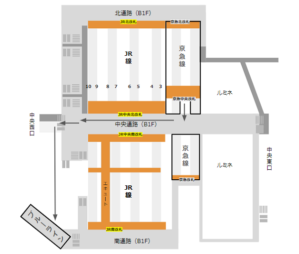 横浜駅乗り換え地図（京急線から地下鉄ブルーライン）