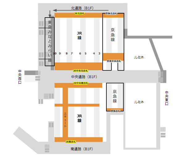 横浜駅乗り換え地図（京急線から東横線）