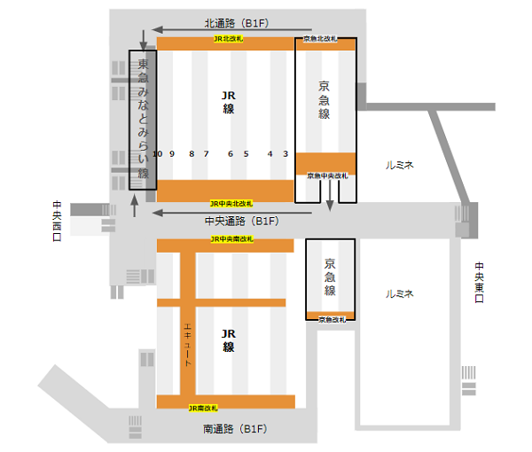 横浜駅乗り換え地図（京急線から東横線）