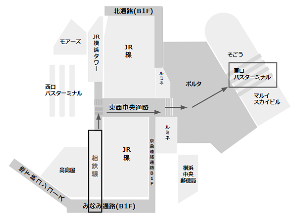 横浜駅乗り換え地図（相鉄線から東口バスターミナル）