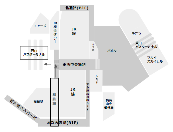 横浜駅乗り換え地図（相鉄線から西口バスターミナル）