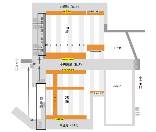 横浜駅の乗り換え地図、相鉄線から東横線へ向う