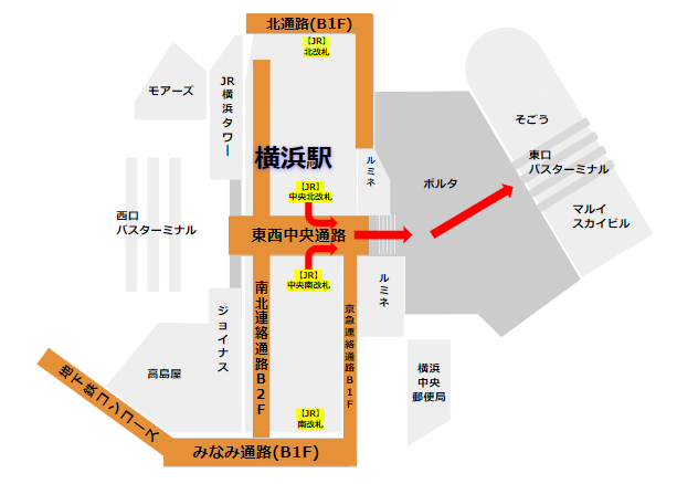 横浜駅東口バス乗り場への経路（JR線改札から）