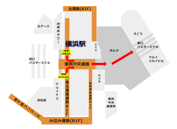 横浜駅東口バス乗り場への経路（東横/みなとみらい線改札から）