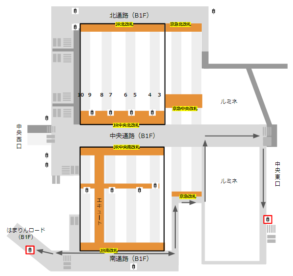 JR横浜駅構内のエレベーターの位置関係