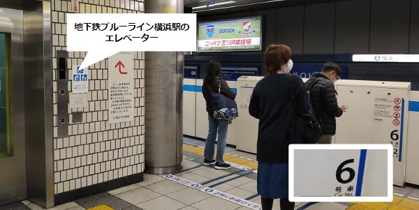 地下鉄ブルーライン横浜駅ホームのエレベーターの位置