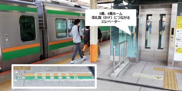 JR横浜駅の5番線、6番線のエレベーターの乗車位置