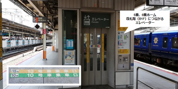 JR横浜駅の5番線、6番線のエレベーターの乗車位置