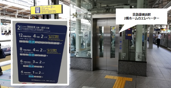 京急線横浜駅の2番線ホームのエレベーターの位置