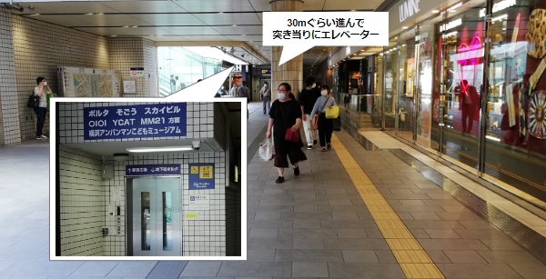 横浜駅中央通路の東側のエレベーターの場所