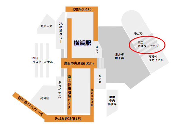 横浜駅東口のバスターミナルの場所マップ