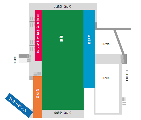 横浜駅の構内図（各路線の位置）