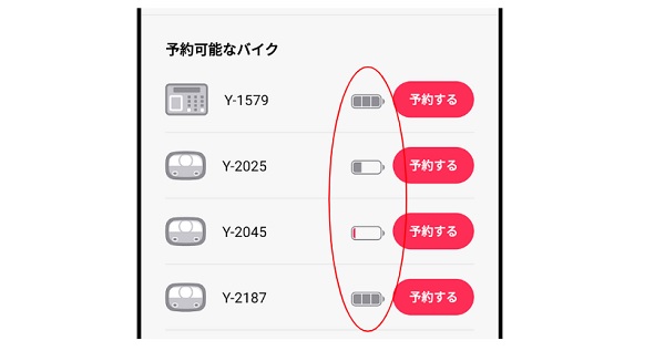 横浜ベイバイクアプリ、バッテリーの残量表示