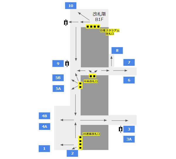 新横浜駅の構内図（改札階と出口）