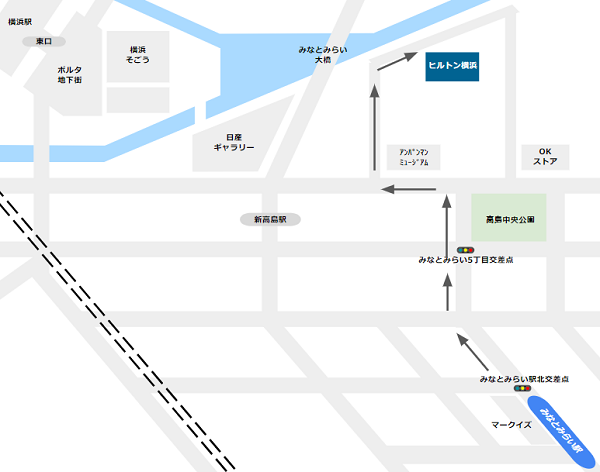 みなとみらい駅（みなとみらい駅）からヒルトンホテル横浜への詳細経路