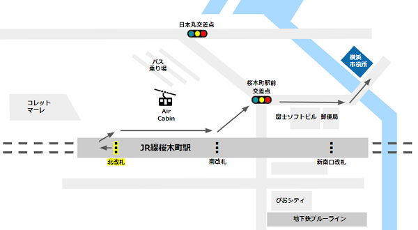 横浜市役所へのアクセスマップ（桜木町駅、JR北改札から）