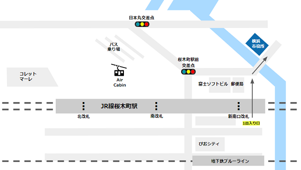 横浜市役所へのアクセスマップ（桜木町駅、地下鉄ブルーラインから）