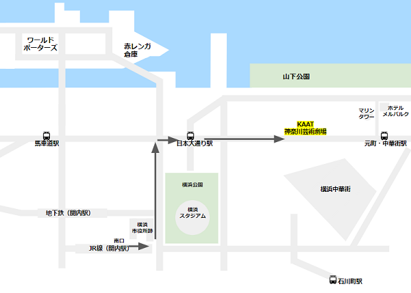 JR関内駅の北口からKAAT神奈川芸術劇場への経路