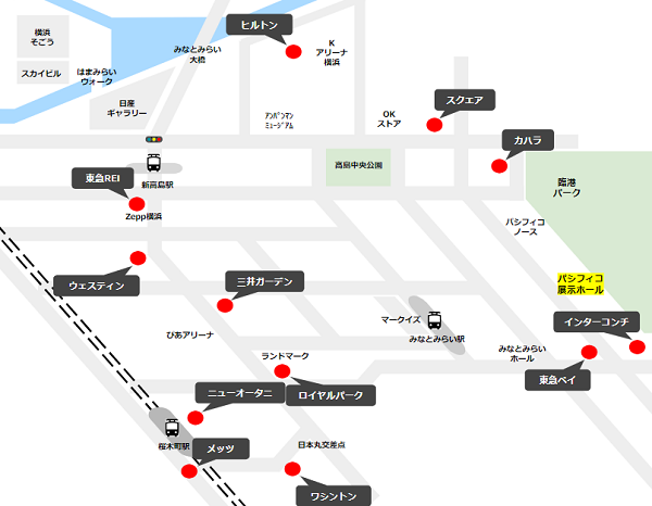 パシフィコ横浜周辺のホテルマップ