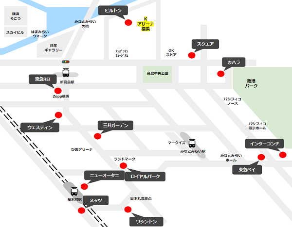 kアリーナ横浜周辺のホテルマップ