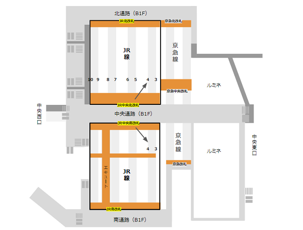 横浜駅の構内図（中央通路からJR横浜線、4番線へ）