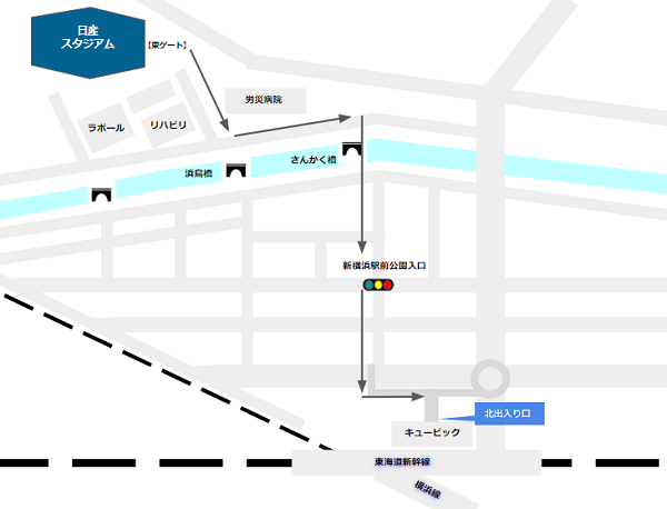 日産スタジアムから新横浜駅への経路マップ