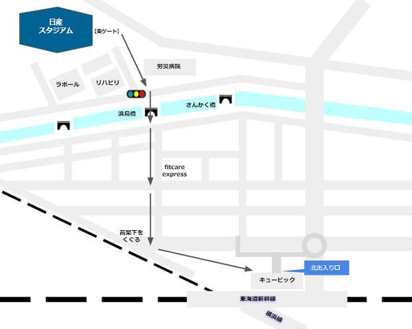 日産スタジアムから新横浜駅への経路マップ
