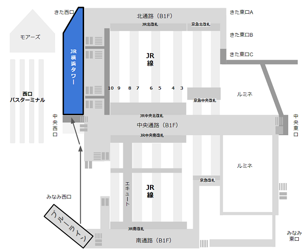 横浜駅地下鉄ブルーライ改札からJR横浜タワー（ニュウマン横浜）への経路