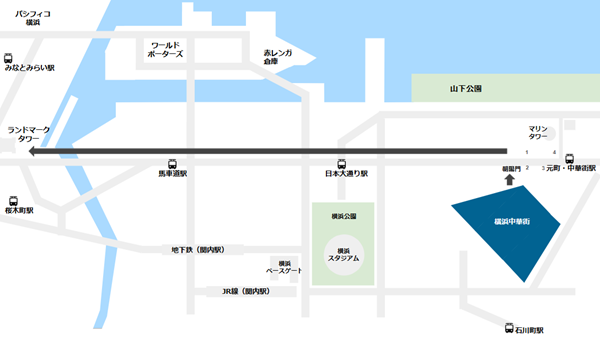 横浜中華街エリアからランドマークタワーへ向かう経路マップ