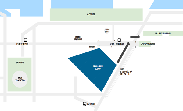 横浜中華街エリアから港の見える丘公園へ向かう経路マップ