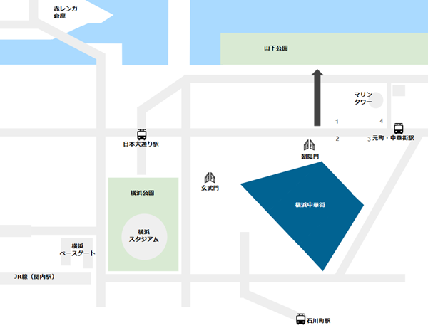 横浜中華街から山下公園への経路マップ