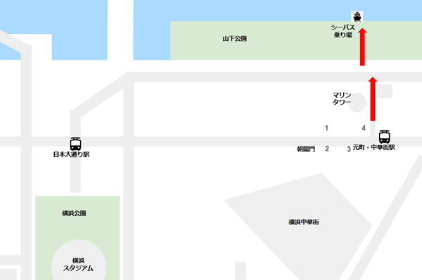 元町・中華街駅から赤レンガ倉庫のシーバス乗り場への経路マップ