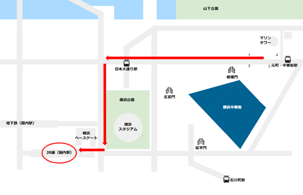 みなとみらい線元町・中華街駅からJR線関内駅への経路マップ