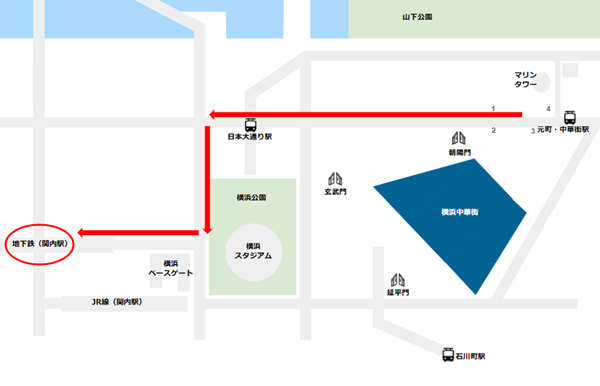 みなとみらい線元町・中華街駅からブルーライン関内駅への経路マップ